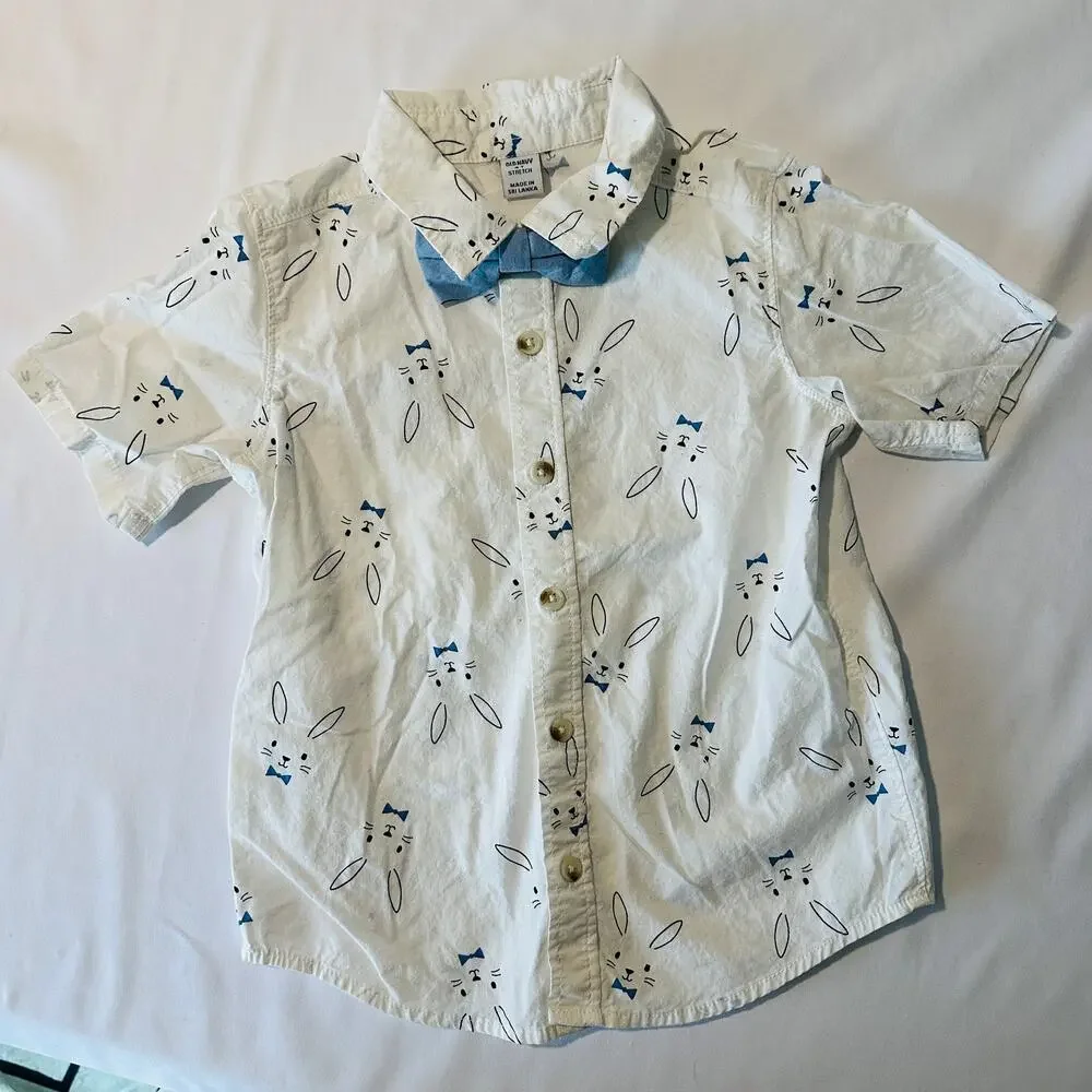 Old Navy Easter Bunny Print Spring Short Button Down Top w/ Bow Tie Set Sz 4T